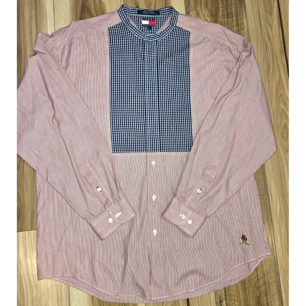 Vintage Tommy Hilfiger Red White‎ Striped Shirt Mens L Band Collar Blue Check
